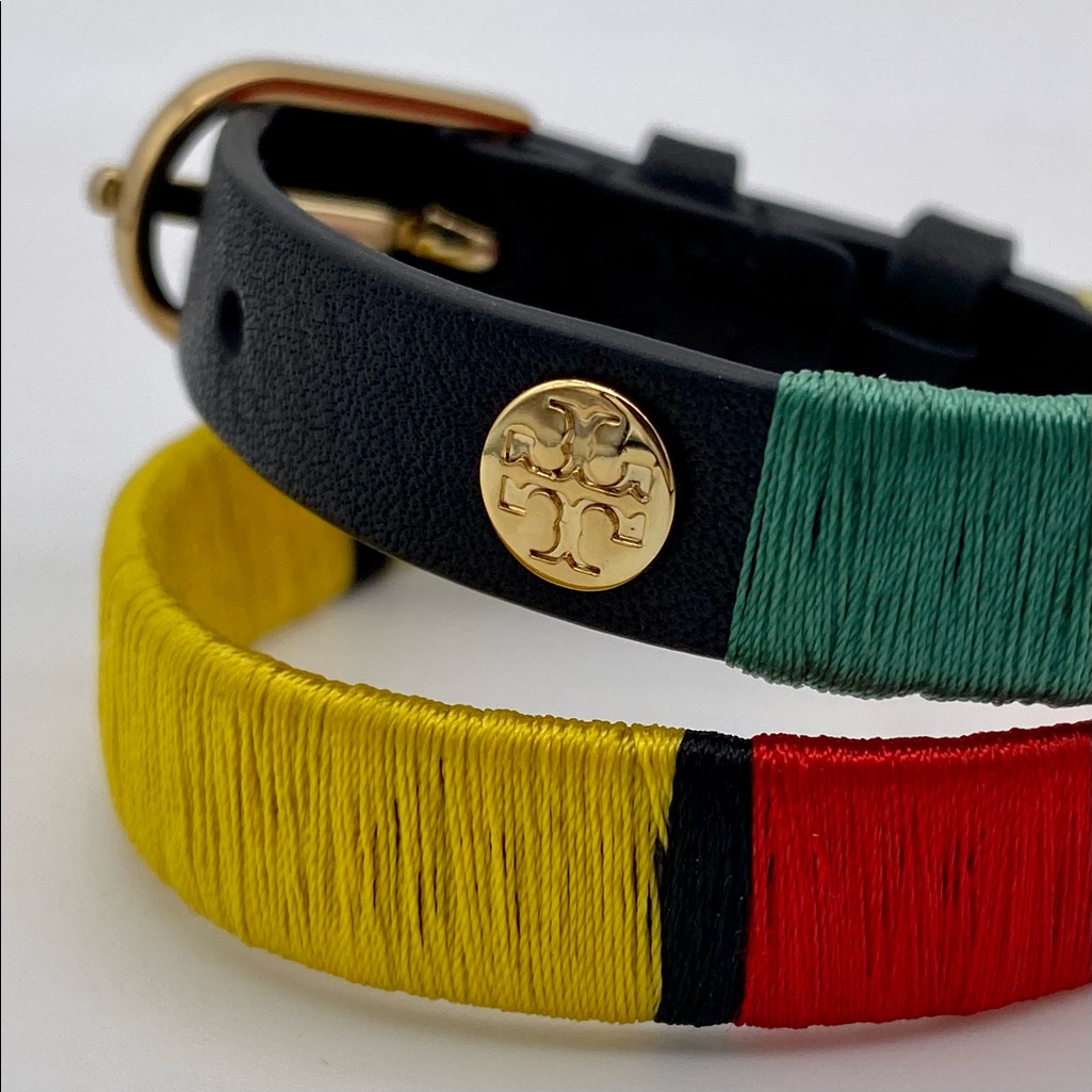 Tory Burch Multi-Color Double-Wrap Navy Leather Logo Bracelet